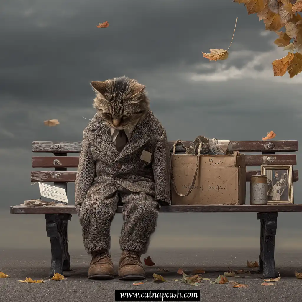 a sad cat in a wrinkled business suit on a bench depicting job loss