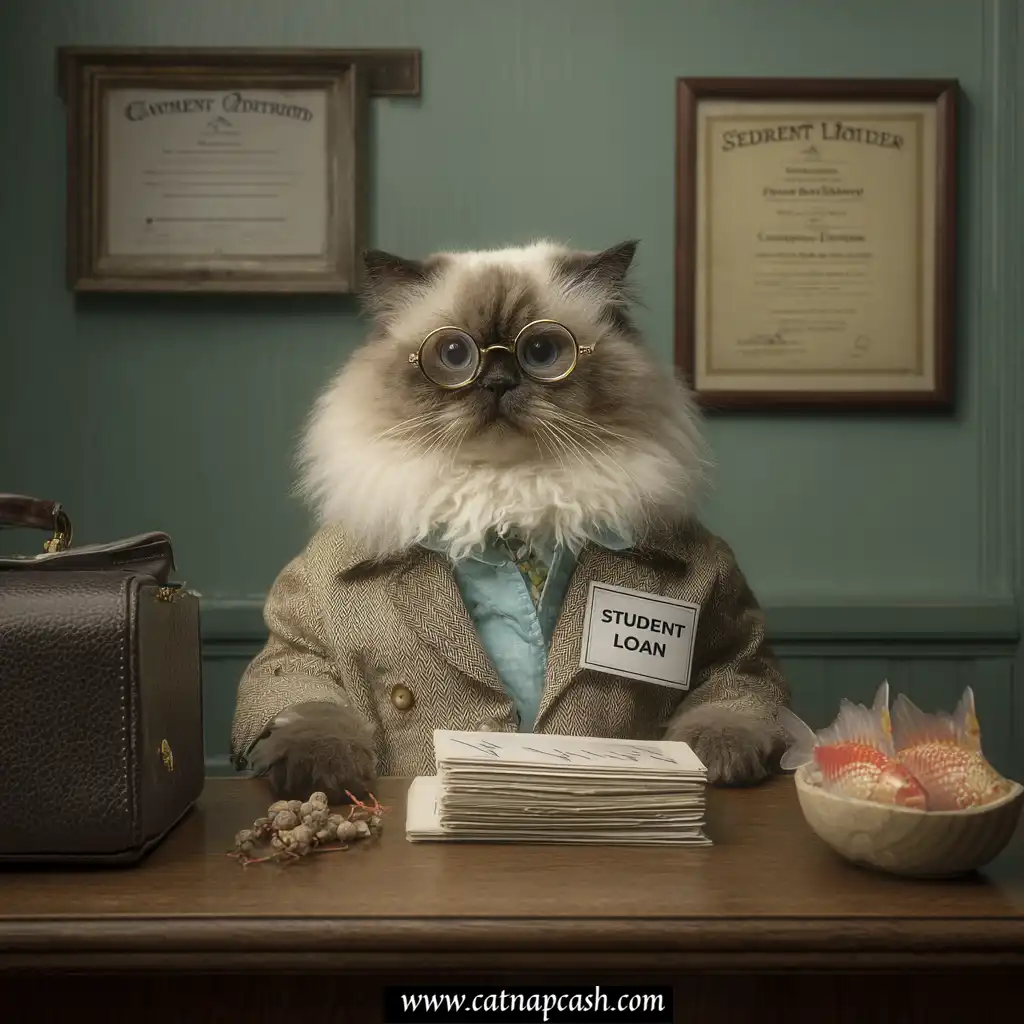 birman cat dressed in a blazer and glasses sitting in a bank office with a badge labeled student loan