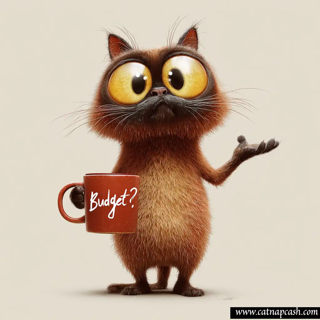burmese cat with a cup that says budget while standing up and shrugging their shoulders