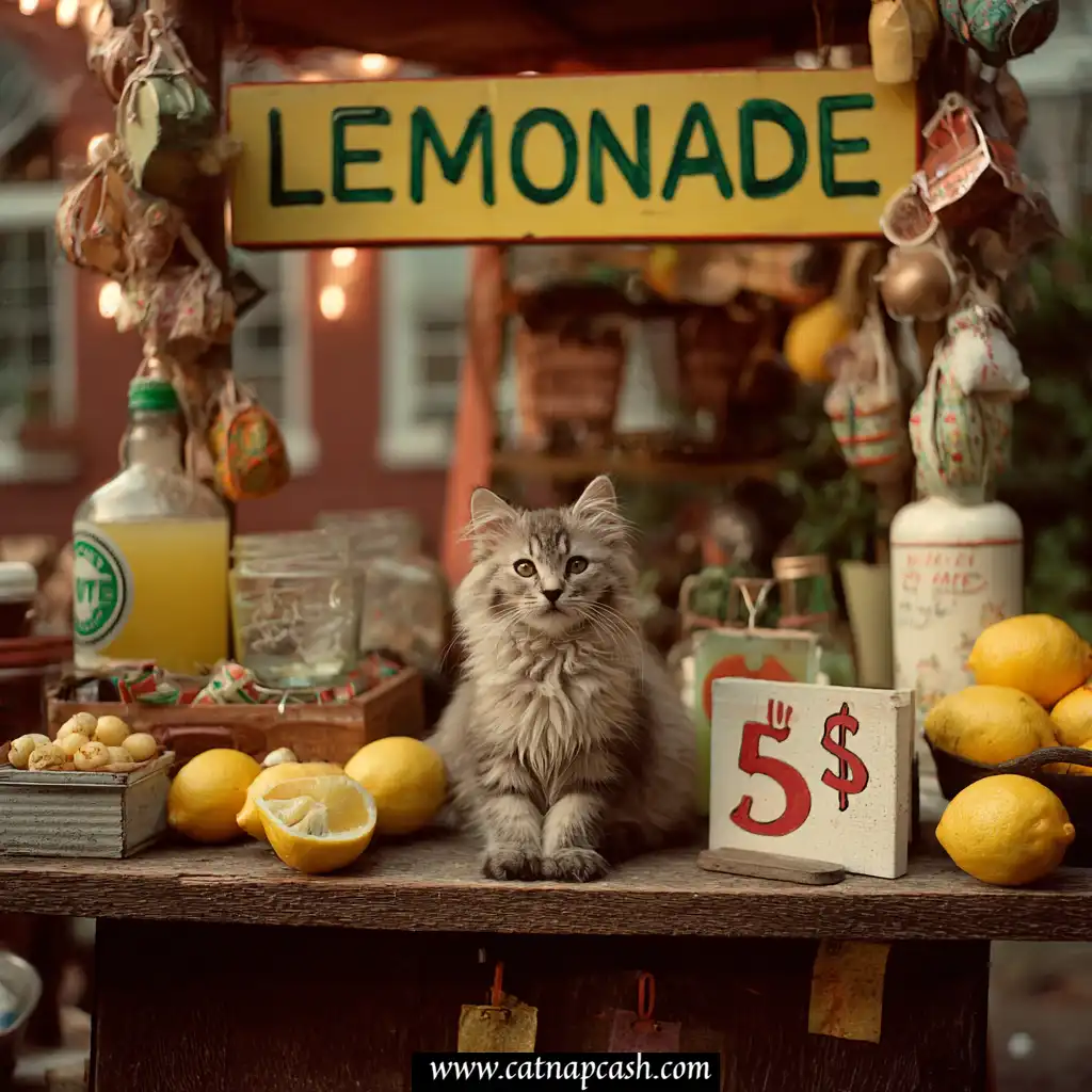 burmilla kitten with a failed lemonade stand business with a sign that says lemonade five dollars