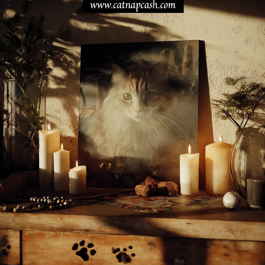 a cat in a picture surrounded by candles showing a space to honor a pet (cat grief)