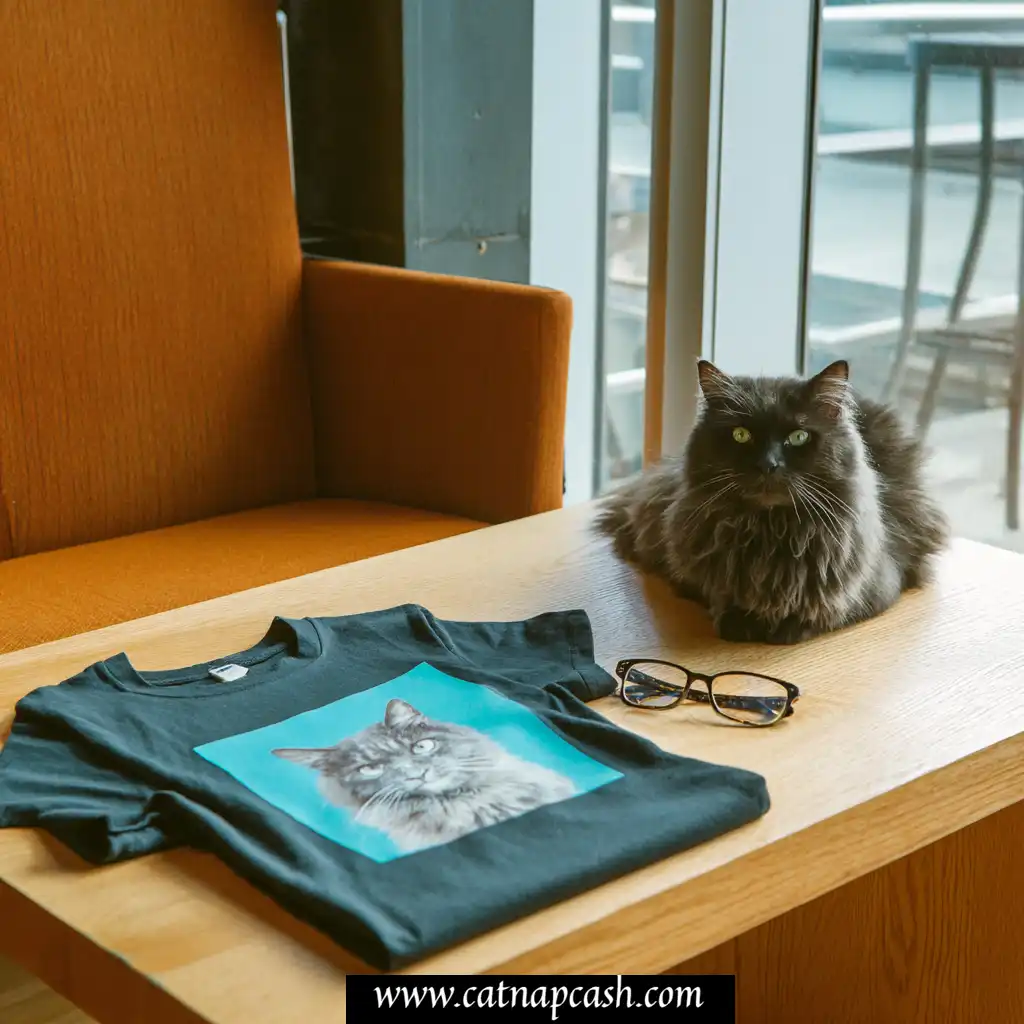 a cat photo on a t-shirt sitting on a table next to a cat and glasses