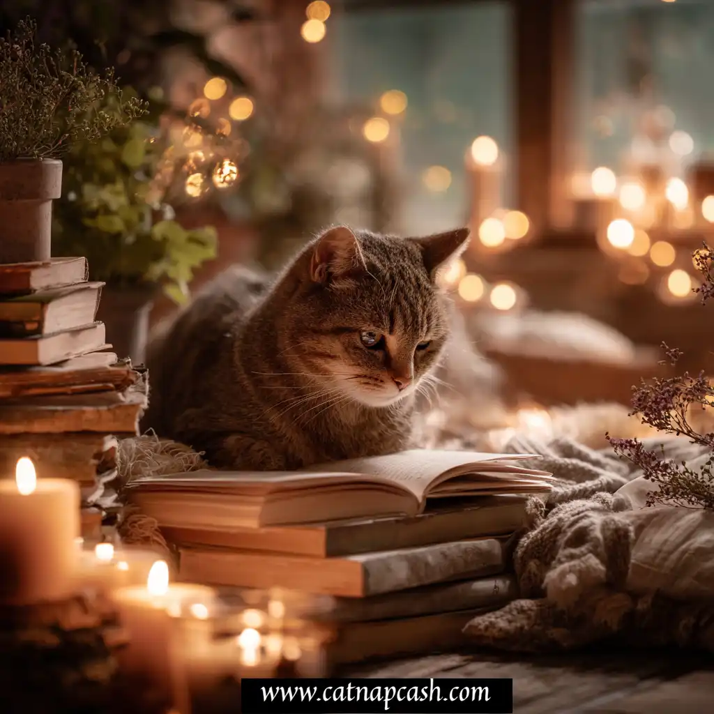 a cat reading a book surrounded by candles