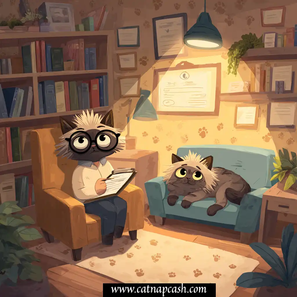 a cat on a couch talking to a therapist