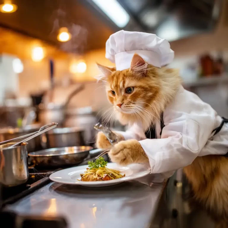 cat chef in a fancy kitchen cat job