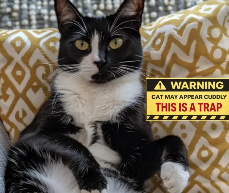 Tuxedo cat on a couch pillow with text: "WARNING Cat may appear cuddly. THIS IS A TRAP."