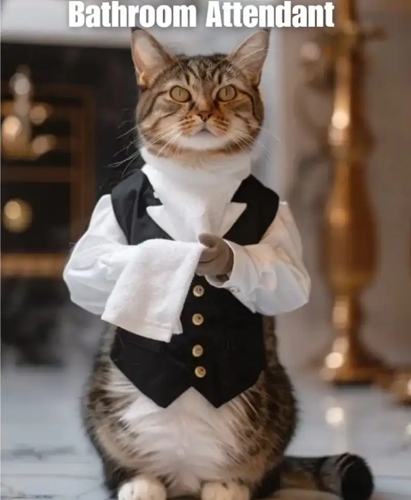 Cat in a bathroom with a towel in his paw