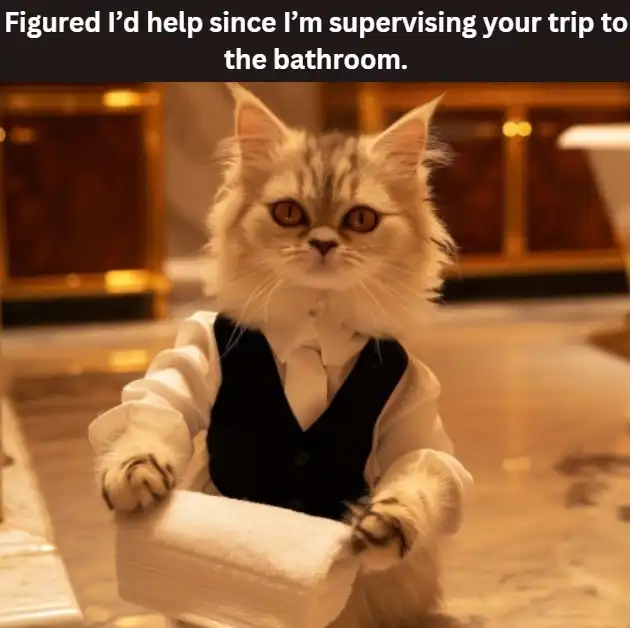 cat with a towel with text "Figured I'd help since I'm supervising your trip to the bathroom."