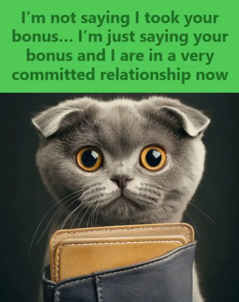 A gray cat with a wallet with text: "I'm not saying I took your bonus...I'm just saying your bonus and I are in a very committed relationship now."