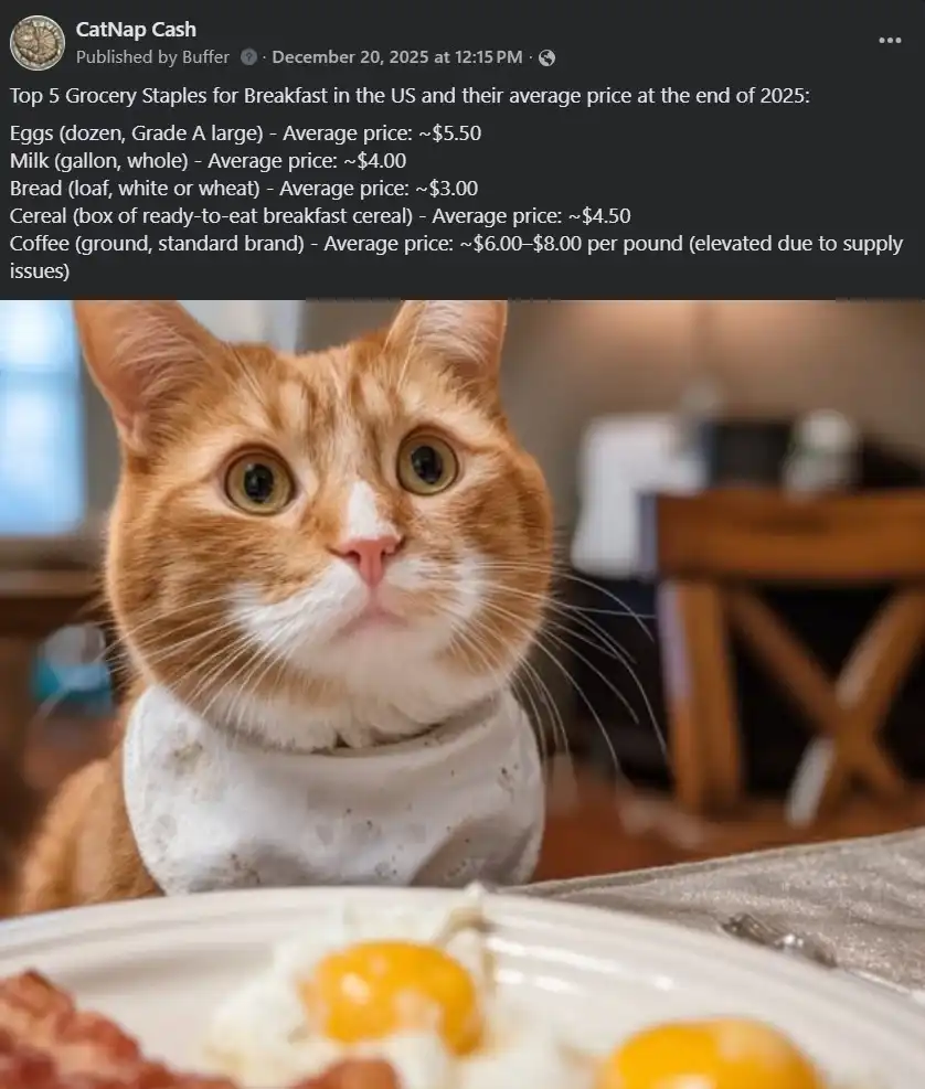 A cat with breakfast plate of eggs and bacon with a list of the top 5 grocery staples and their average price at the end of 2025.