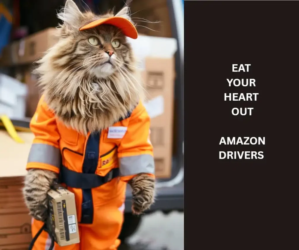 A cat delivering boxes with an Amazon Driver uniform on
