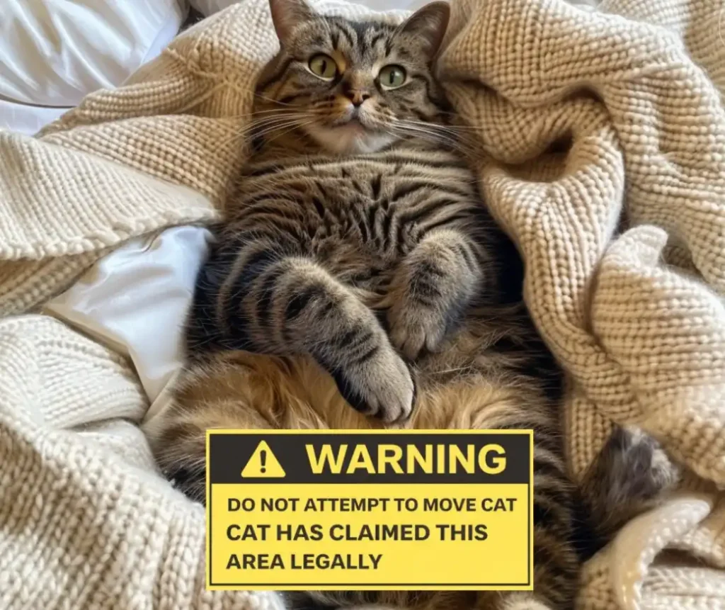 Cat comfortable in bed with text below: "WARNING do not attempt to move cat. Cat has claimed this area legally."