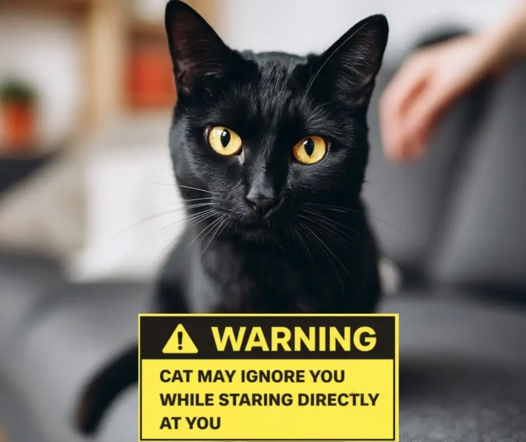Black cat staring straight into the camera with text: WARNING Cat may ignore you while staring directly at you.