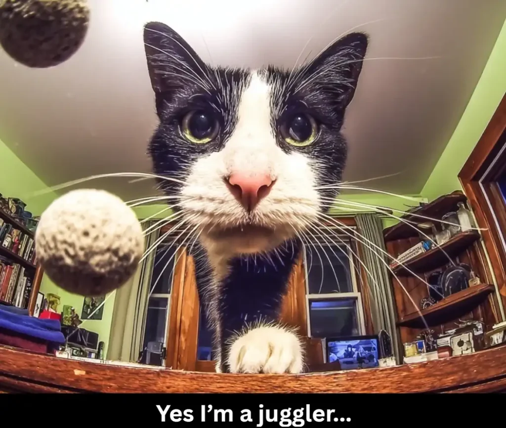 A cat on a table with balls in the air. Text: "Yes I'm a juggler."