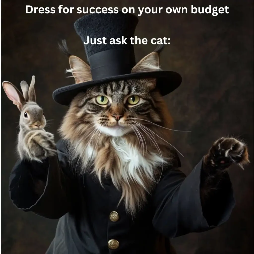 A maine coon cat with a rabbit in hand in a magician's outfit and top hat.