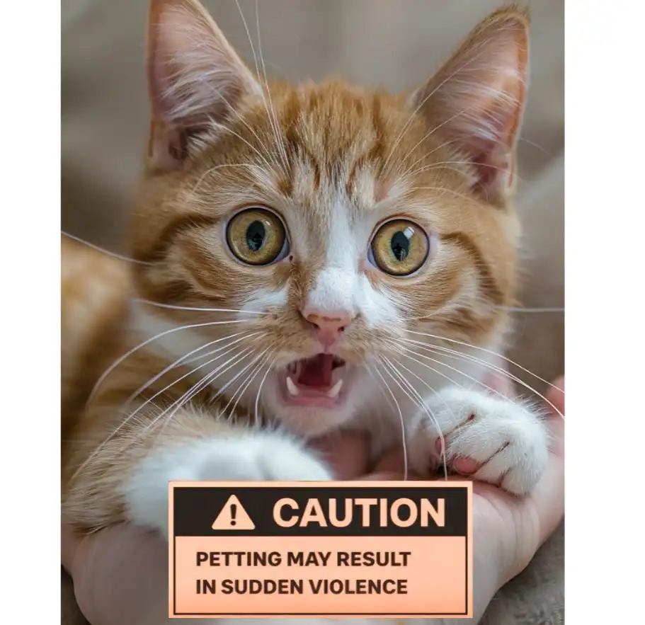 Cute orange and white cat on a hand with mouth wide open shocked face and text below: "CAUTION Petting may result in sudden violence."