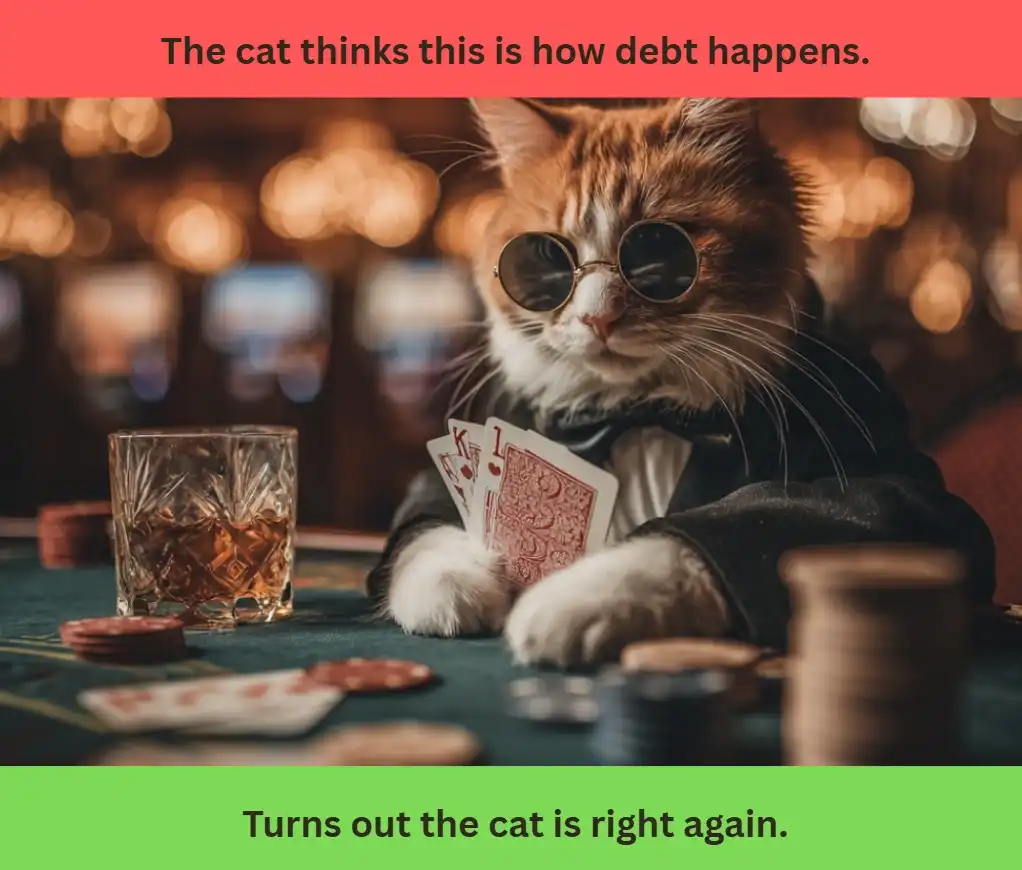 A cat with glasses and cards at a poker table with text: "The cat thinks this is how debt happens. Turns out the cat is right again."