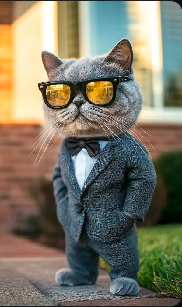 A cool cat with glasses on the sidewalk outside of a house.