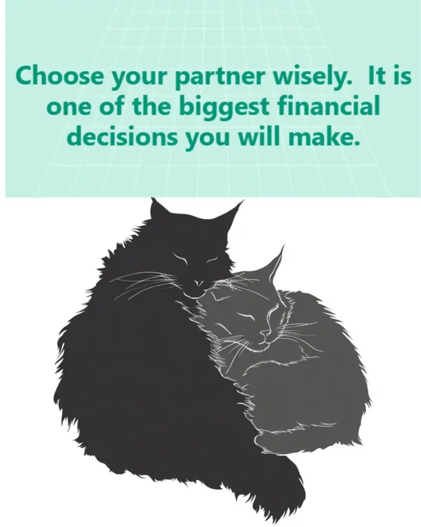 Two cat silhouettes laying with each other cuddling with text above: Choose your partner wisely. It is one of the biggest financial decisions you will make.