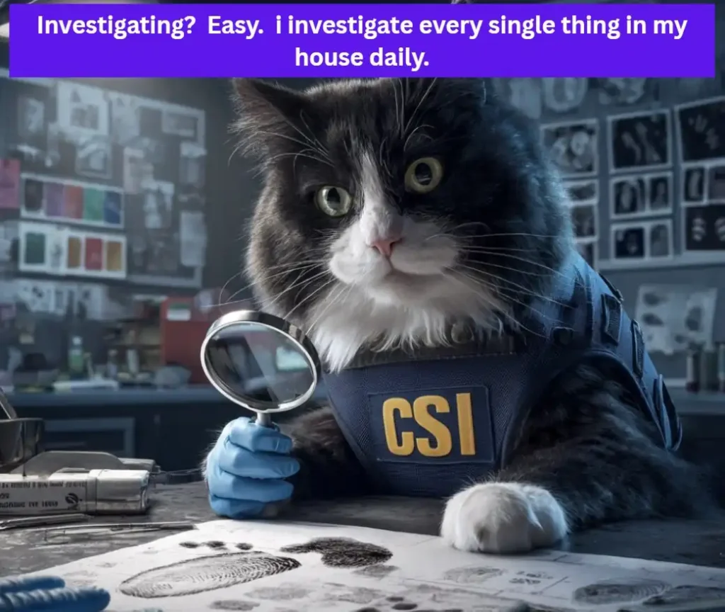 Tuxedo cat dressed as a crime scene investigator with magnifying glass. Text: Investigating? Easy. i investigate every single thing in my house daily.