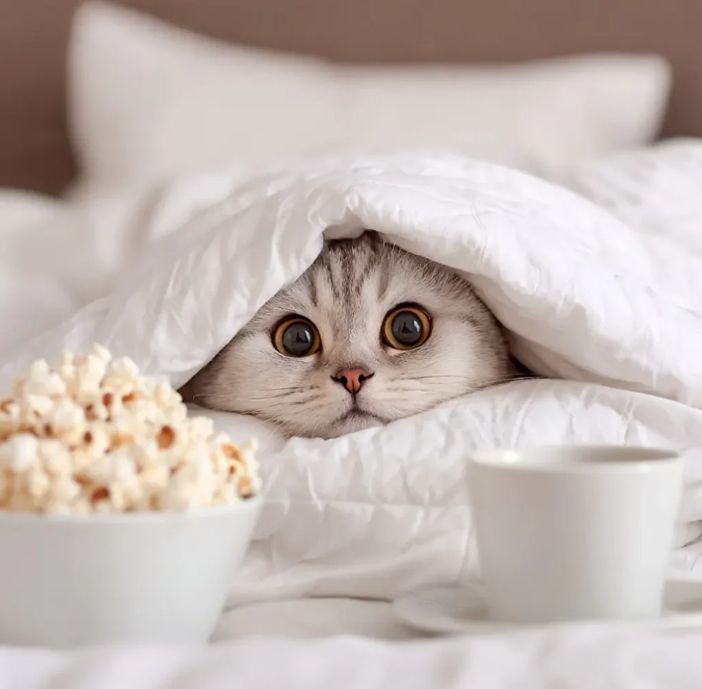 White cat under the bed sheets with popcorn and a cup.