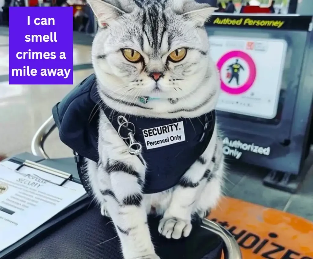 Scottish fold cat dressed as a store security guard with text: I can smell crimes a mile away