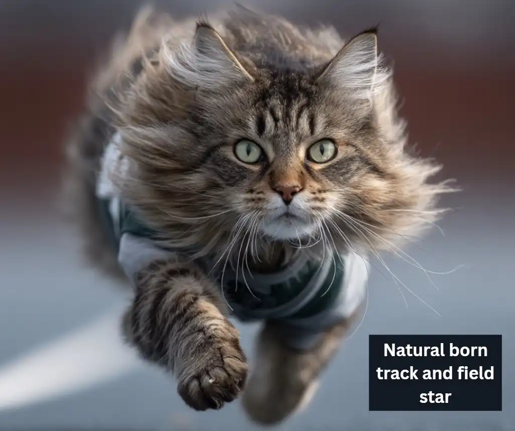 Maine coon cat running like a track and field athlete