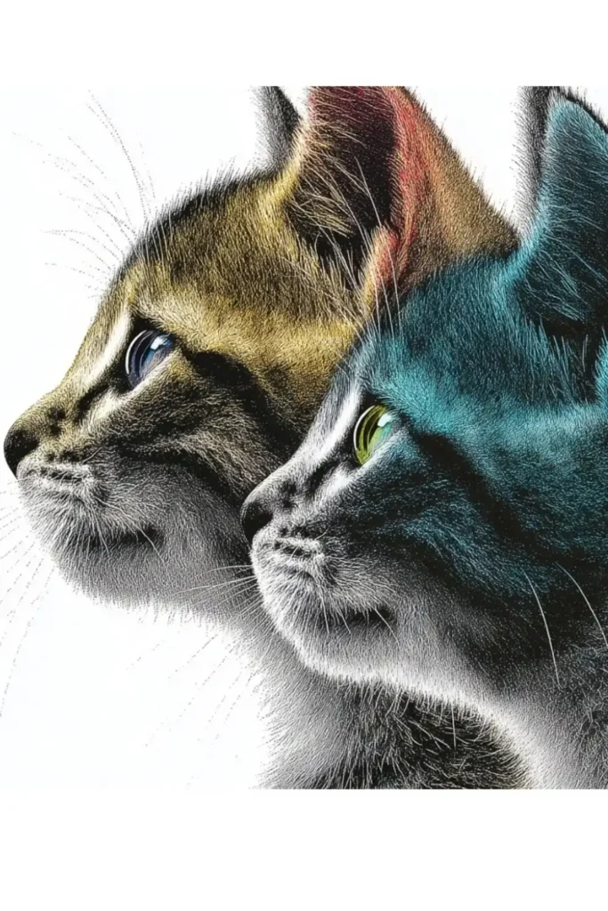 yellow/red/white and teal/white kittens