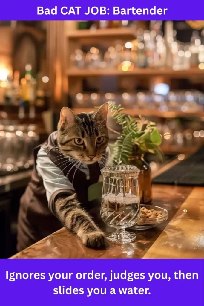A cat working as a bartender, staring straight, with a glass of water in front of him