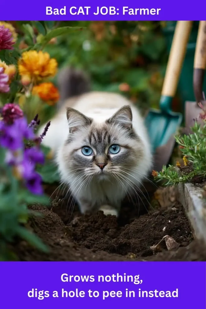 Cat standing in a garden after having dug a hole in the dirt.