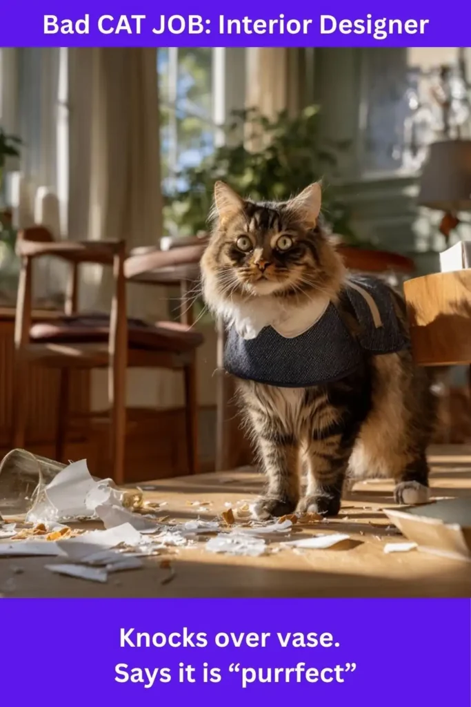 A cat in the living room after knocking over a vase