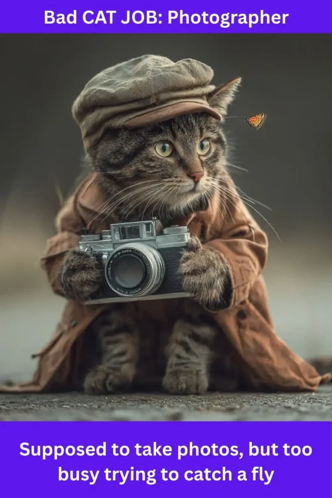 A cat dressed as a photographer with a camera but staring at a butterfly