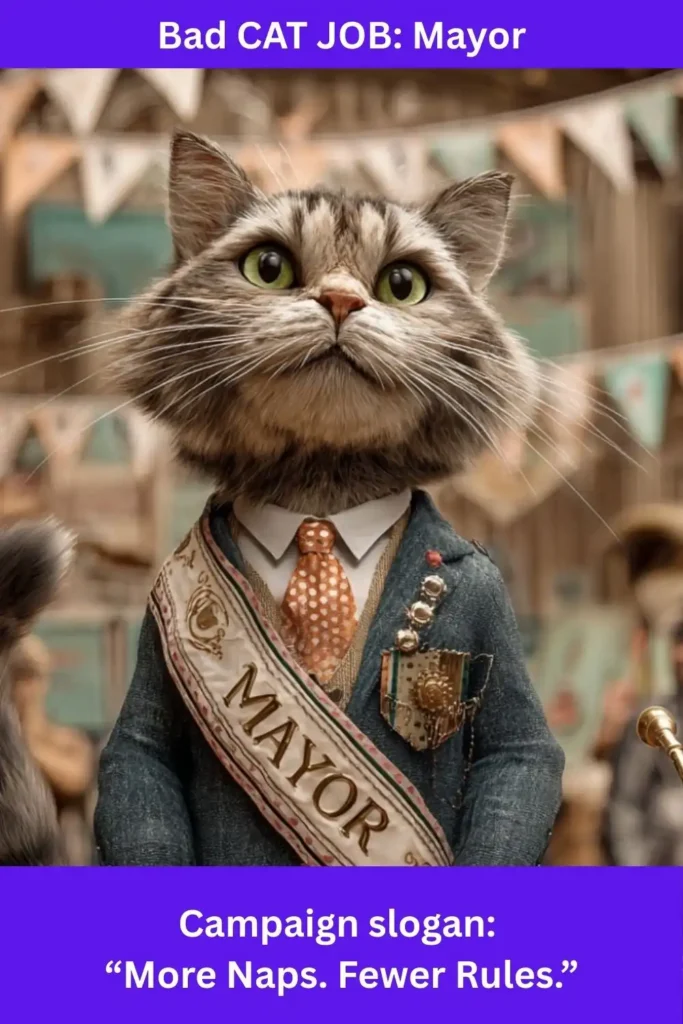 A cat dressed as a mayor with campaign slogan: "More naps. Fewer rules."