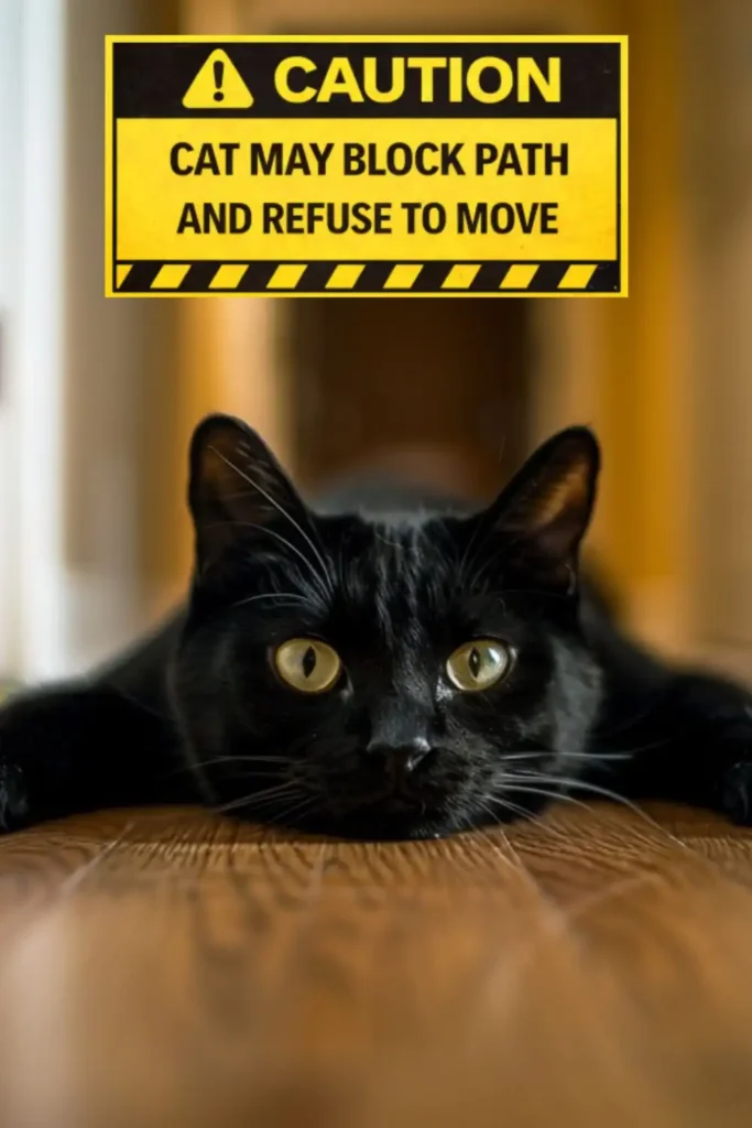 A black cat laying on the floor in the way of anyone walking with sign CAUTION: Cat may block path and refuse to move.