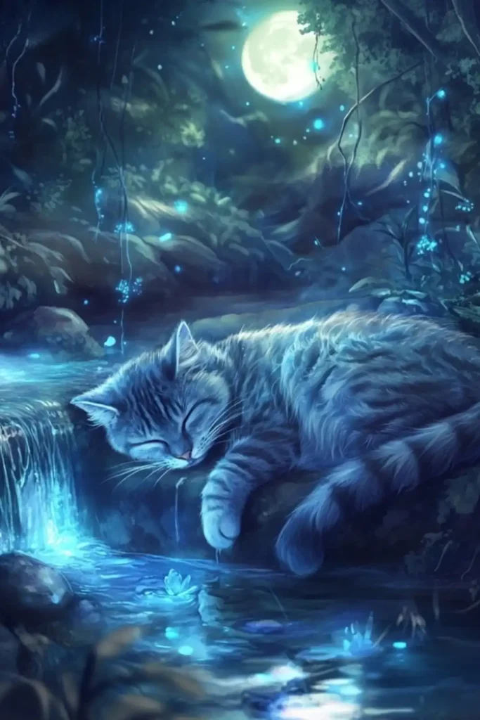 A cat glowing in a mystical rain forest