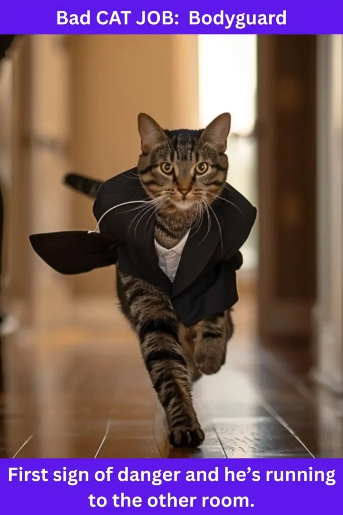 BAD CAT JOB: Bodyguard First sign of danger and he's running to the other room...