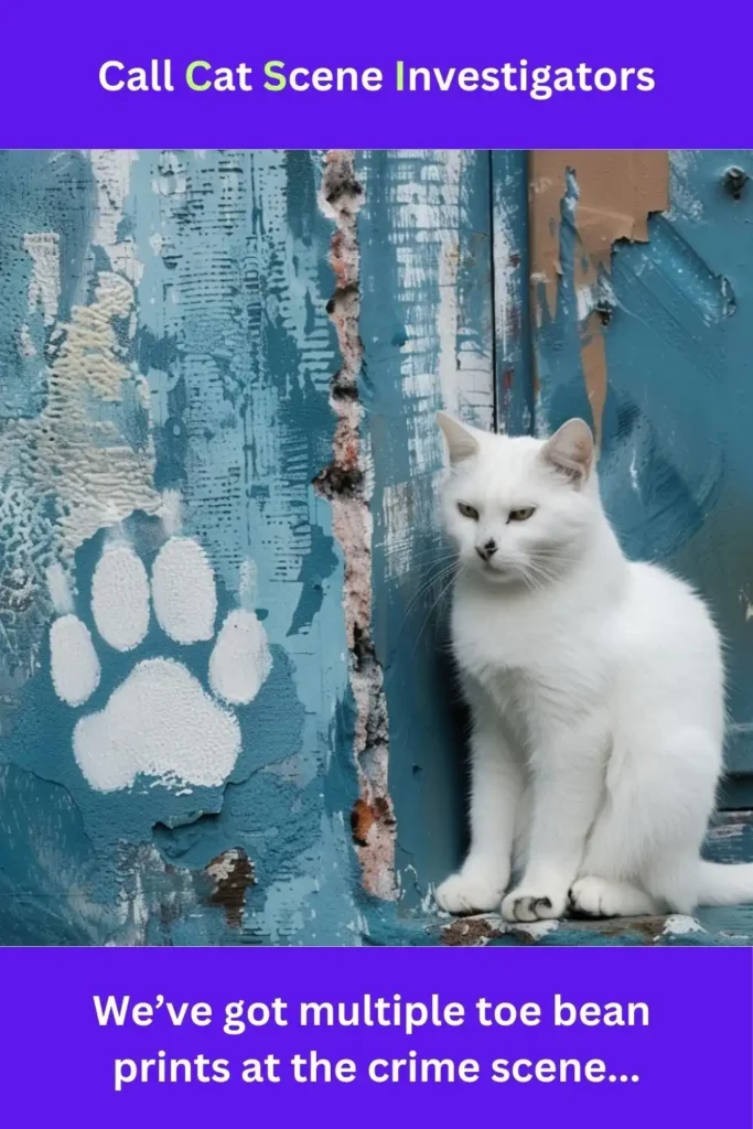 Text: Call Cat Scene Investigators white cat pictured with a painted wall and paw print on the wall Text: "We've got multiple toe bean prints at the crime scene."