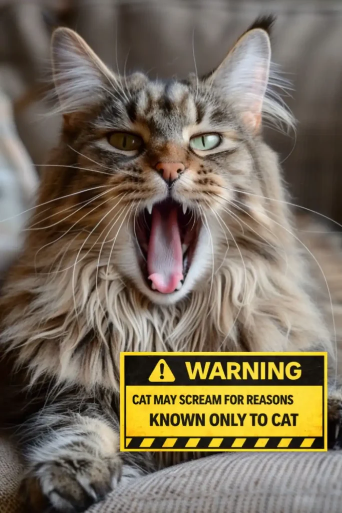 Maine coon cat meowing very loudly with sign "Warning Cat may scream for reasons known only to cat."
