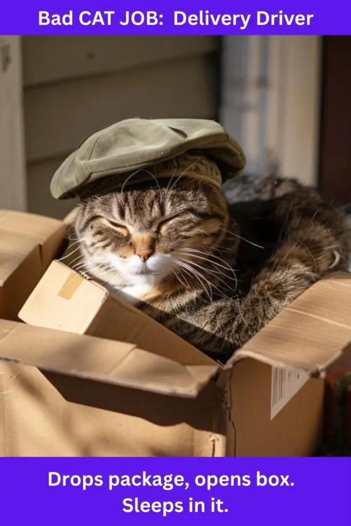 BAD CAT JOB: Delivery Driver Drops package, opens box. Sleeps in it.
