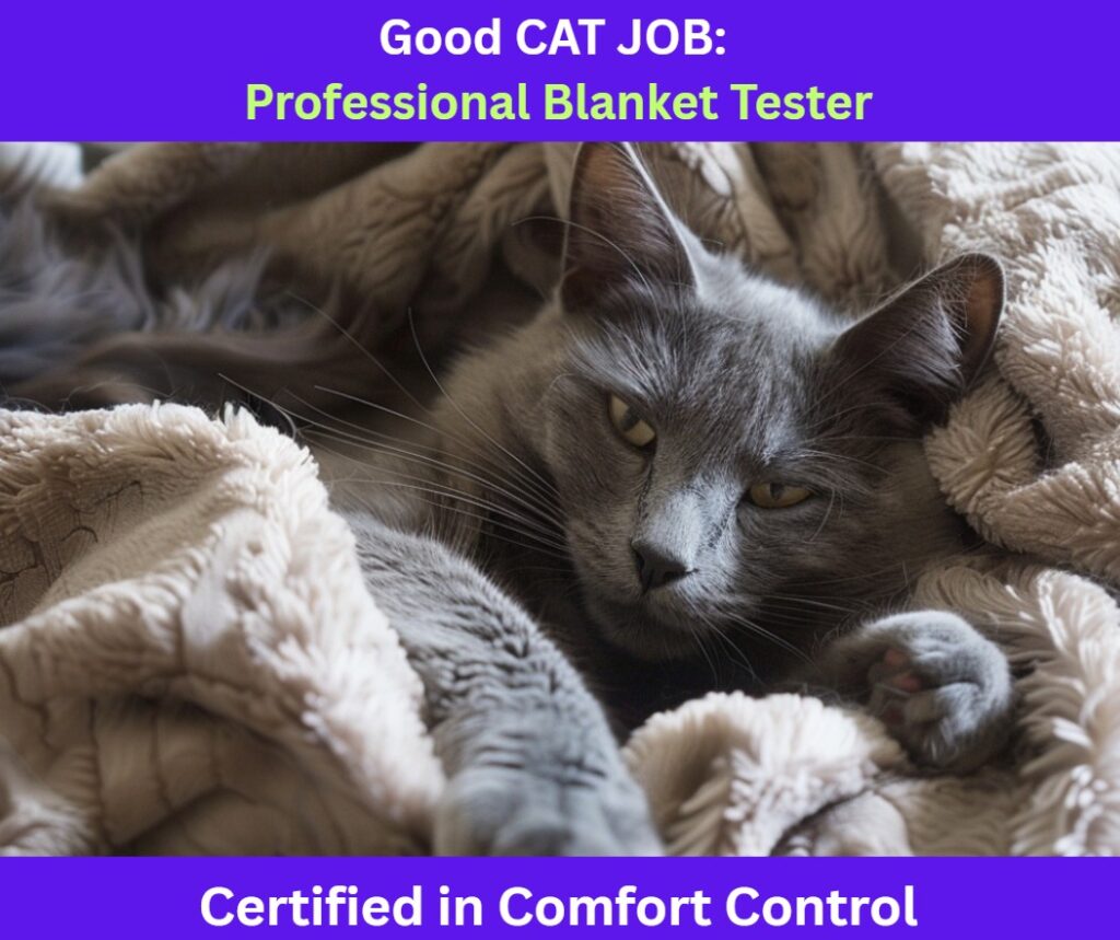 Text: "Good CAT JOB: Professional Blanket Tester" cat pictured snuggling in a blanket Text: "Certified in Comfort Control"