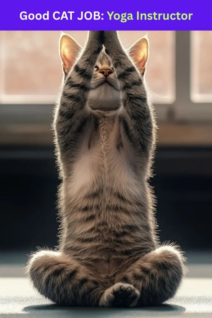 A tabby cat sitting in a yoga pose. Text above "Good Cat Job: Yoga Instructor."