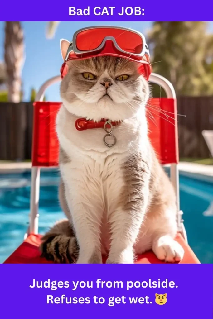 BAD CAT JOB: Lifeguard Judges you from poolside. Refuses to get wet.