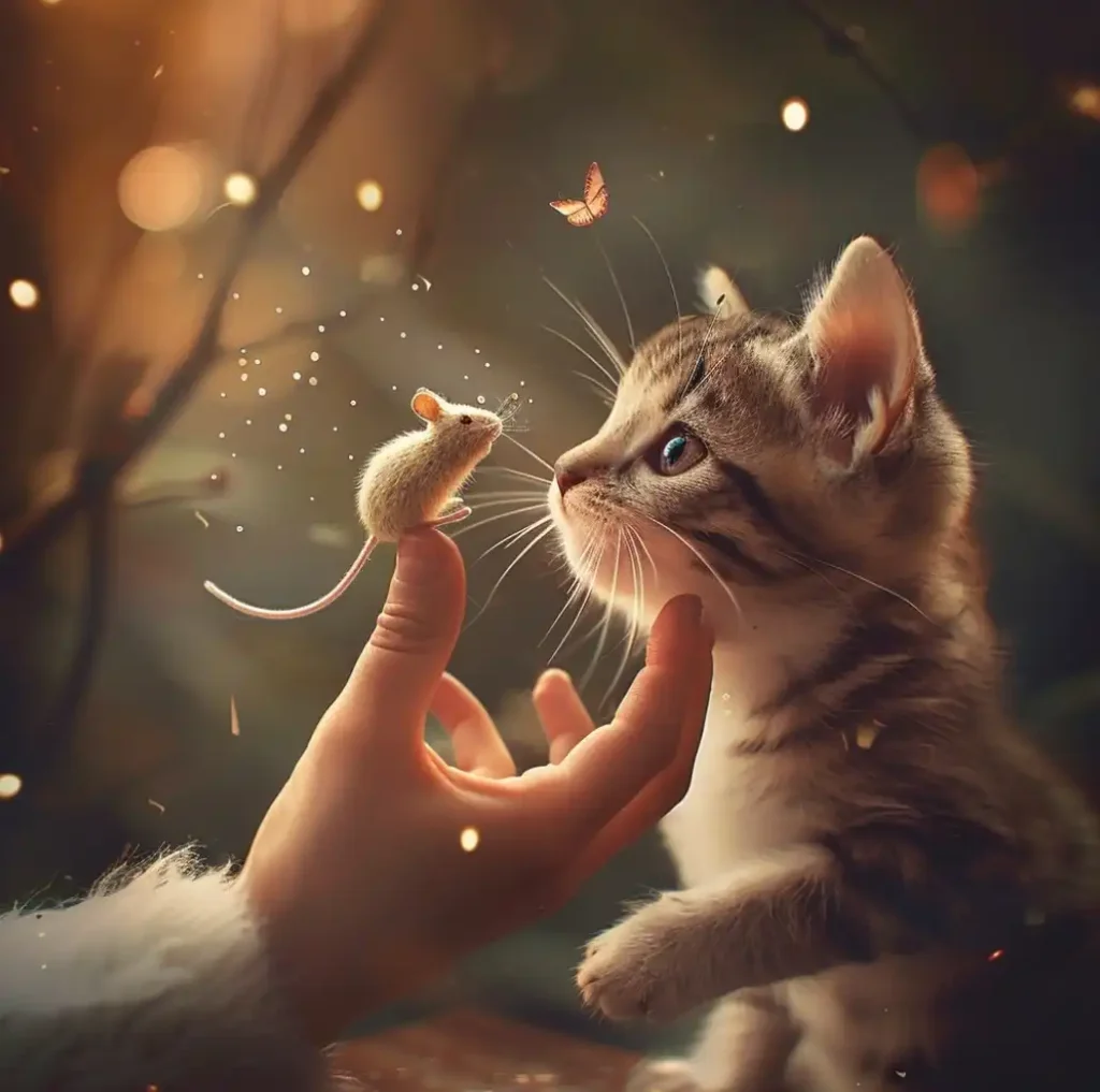 A kitten looking at a person holding a mouse