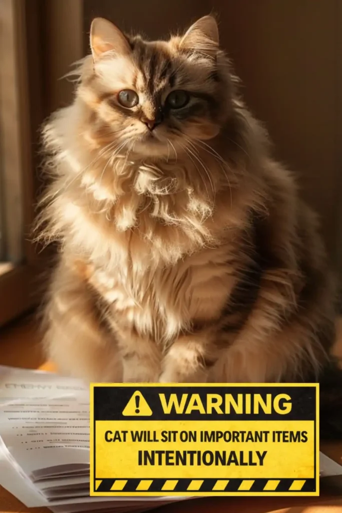 Cat sitting on important papers with text: WARNING: Cat will sit on important items INTENTIONALLY
