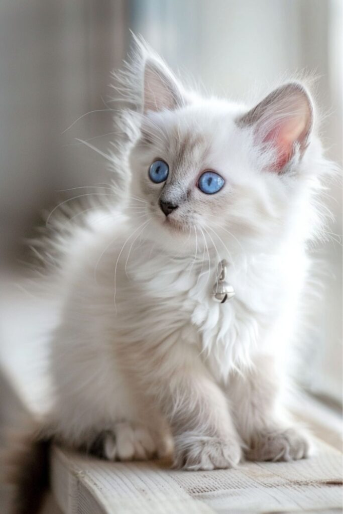 a cute white kitten with blue eyes and a bell looking away