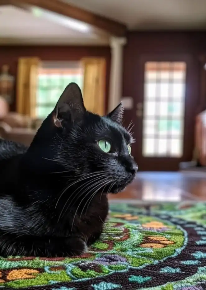 Black cat on a multi-colored rug with green eyes.