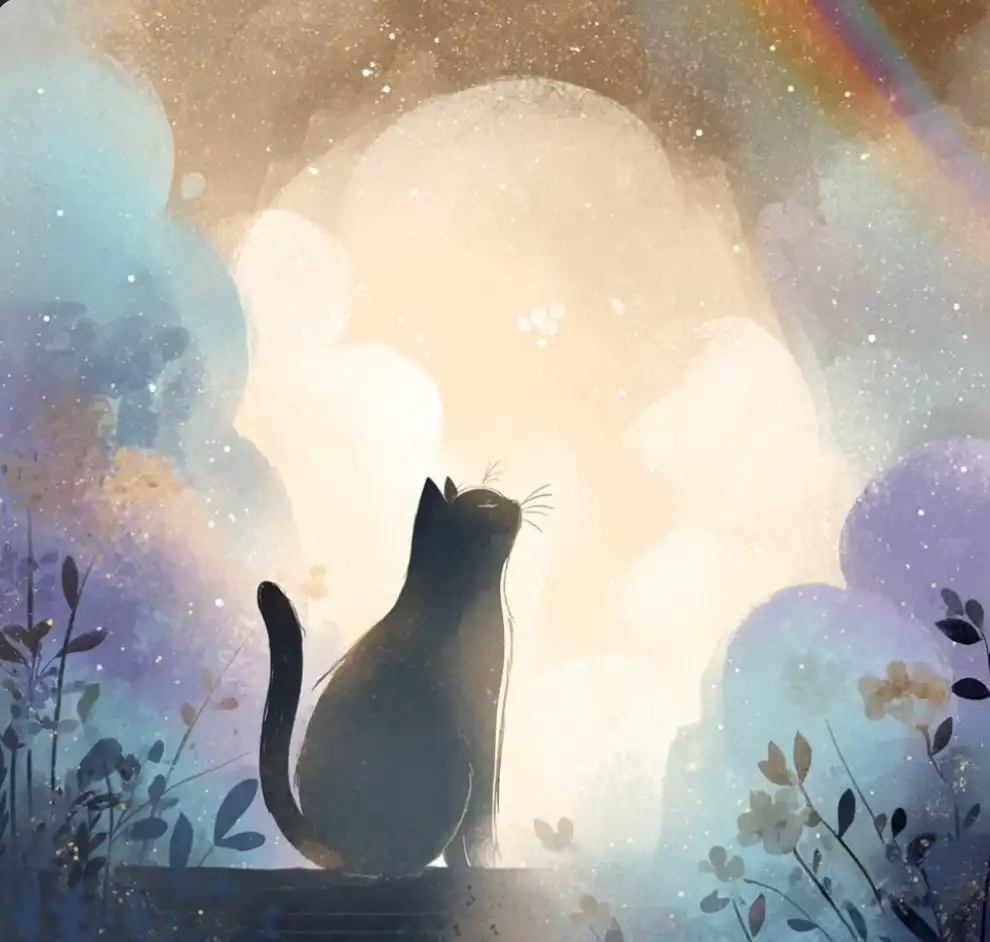 black cat in a mystical forest looking into the light