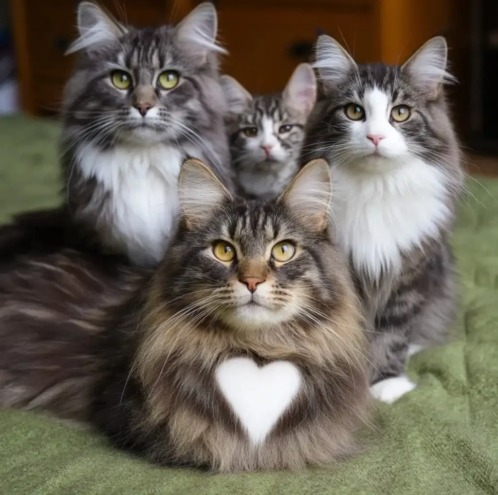 Cute cat family of Maine Coons looking straight ahead. Heart-shaped fur of AI Artwork for the lead cat. Gray, white, brown, cat family.