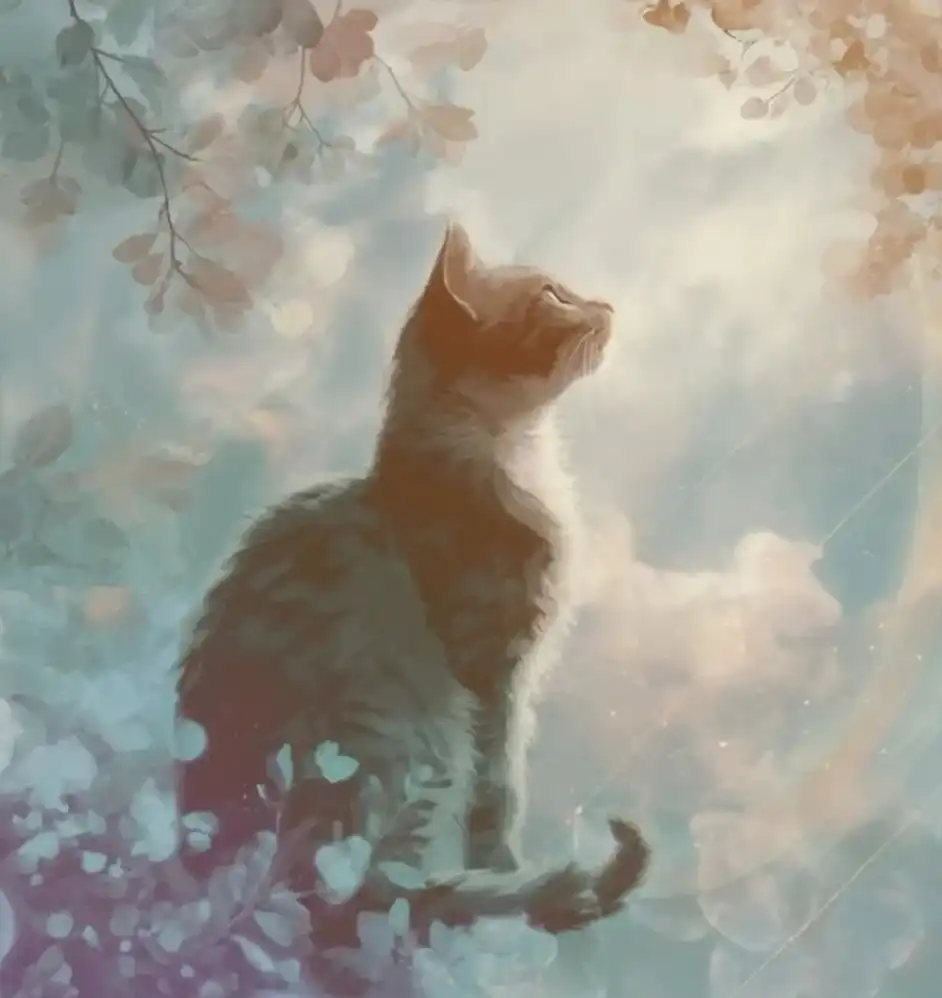 cat in mystical forest looking up at toward the light