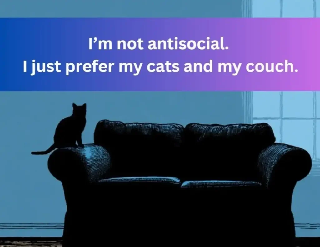 black cat silhouette on a couch with text: "I'm not antisocial. I just prefer my cats and my couch.